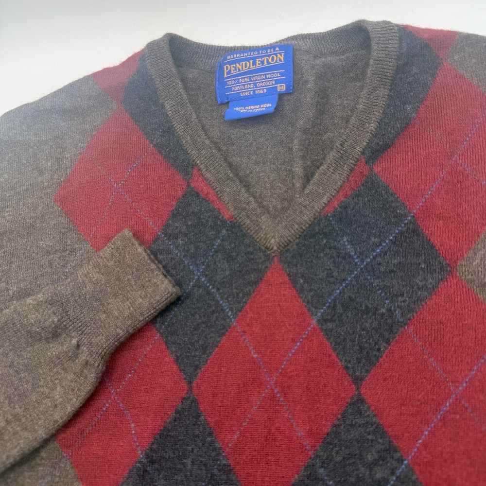 Pendleton Wool Argyle Sweater V-Neck Pullover Classic Fit Brown‎ Red Mens M